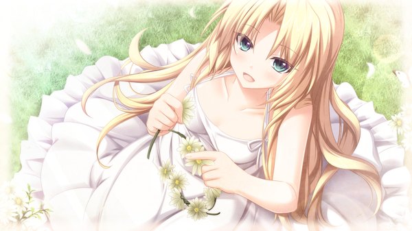 Anime picture 1280x720 with tenbin no la dea eushully single long hair looking at viewer blush open mouth blue eyes blonde hair wide image game cg girl dress flower (flowers)
