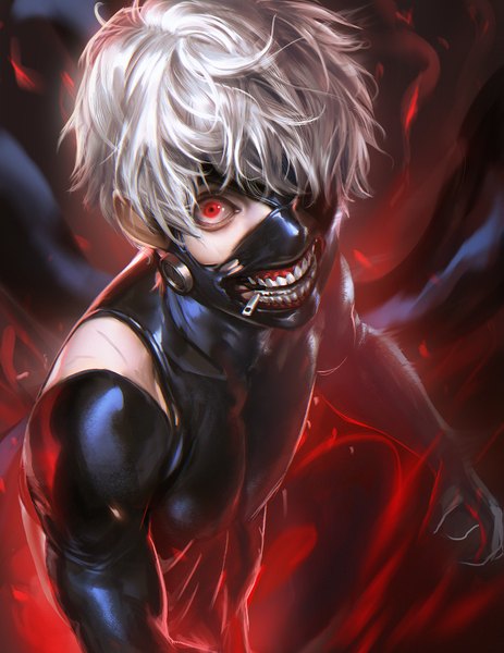 Anime picture 1391x1800 with tokyo ghoul studio pierrot kaneki ken sakimichan single tall image looking at viewer fringe short hair red eyes white hair from above hair over one eye realistic teeth boy gloves black gloves blood mask