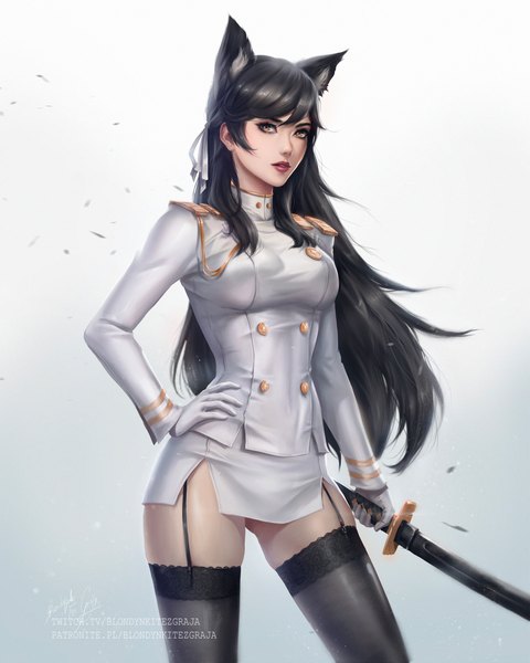 Anime picture 2835x3543 with azur lane atago (azur lane) blondynkitezgraja single long hair tall image looking at viewer fringe highres light erotic black hair simple background standing holding signed animal ears yellow eyes parted lips realistic hand on hip