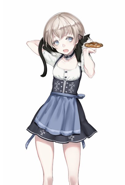 Anime picture 900x1332 with kantai collection z1 destroyer (leberecht maass) unsinkable sam yuu (higashi no penguin) single tall image fringe short hair open mouth blue eyes simple background brown hair white background looking away traditional clothes head tilt short sleeves animal on shoulder feeding german clothes