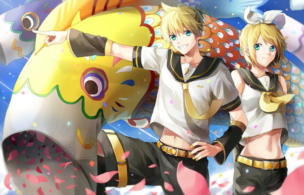 Anime picture 1843x1181 with vocaloid kagamine rin kagamine len p.rupon looking at viewer highres short hair blonde hair smile sky nail polish aqua eyes wind bare belly hand on hip twins pointing yellow nail polish kodomo no hi girl