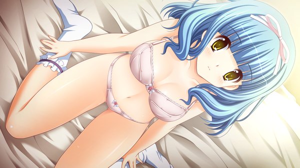 Anime picture 1280x720 with ren'ai kateikyoushi rurumi coordinate! (game) takaoka chieri suzui narumi short hair light erotic wide image yellow eyes blue hair game cg underwear only girl underwear panties socks white socks