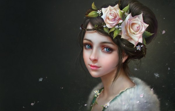 Anime picture 1400x889 with original tagme (artist) single looking at viewer blue eyes black hair simple background upper body hair flower light smile realistic portrait girl hair ornament flower (flowers) petals rose (roses) fur