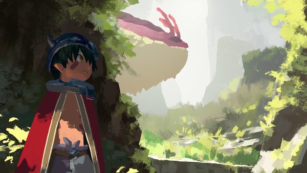 Anime picture 1500x844 with made in abyss kinema citrus regu (made in abyss) shen yh single fringe short hair black hair hair between eyes wide image standing yellow eyes looking away outdoors facial mark boy plant (plants) cape helmet monster