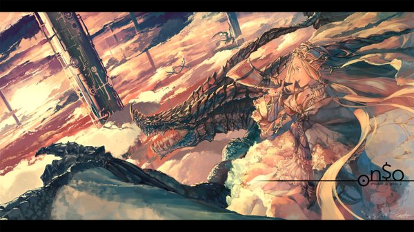 Anime picture 1948x1096 with original garuku long hair highres blue eyes blonde hair wide image looking away cloud (clouds) horn (horns) pointy ears inscription letterboxed landscape fantasy scenic girl dress frills sea