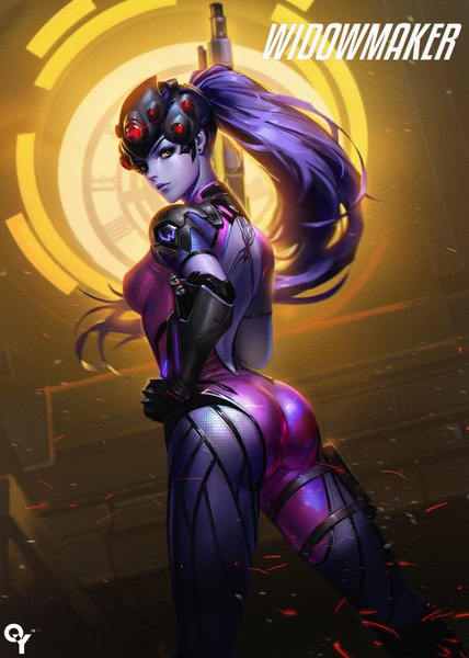 Anime picture 1426x2000 with overwatch blizzard entertainment widowmaker (overwatch) liang xing single long hair tall image looking at viewer light erotic yellow eyes purple hair ass ponytail parted lips realistic character names hand on hip lipstick purple lipstick purple skin