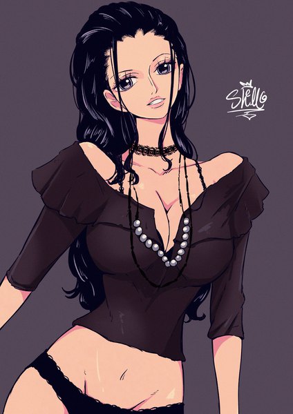 Anime picture 1448x2048 with one piece toei animation nico robin sherumaru (korcht06) single long hair tall image looking at viewer breasts light erotic black hair simple background large breasts standing signed cleavage parted lips head tilt lips black eyes
