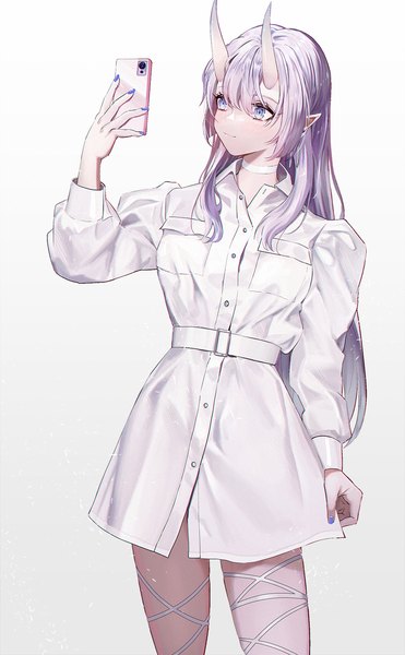 Anime picture 990x1600 with original capitan wei single long hair tall image blush fringe blue eyes simple background hair between eyes standing looking away silver hair long sleeves nail polish arm up horn (horns) fingernails pointy ears gradient background