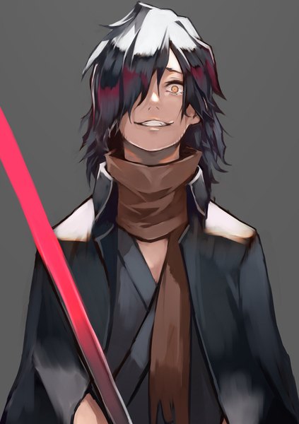 Anime picture 1058x1500 with fate (series) fate/grand order okada izou (fate) yoshio (55level) single long hair tall image looking at viewer fringe black hair simple background smile yellow eyes upper body hair over one eye grey background clothes on shoulders crazy smile boy scarf