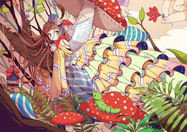 Anime picture 1300x923 with original tirori (color crew) single long hair looking at viewer blue eyes brown hair girl dress flower (flowers) plant (plants) hat wings leaf (leaves) insect mushroom (mushrooms) fly agaric caterpillar