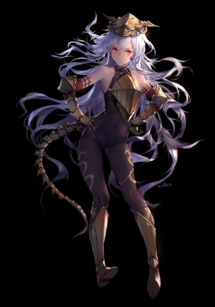 Anime picture 2315x3307 with shingeki no bahamut granblue fantasy medusa (shingeki no bahamut) swd3e2 single tall image looking at viewer fringe highres light erotic simple background hair between eyes bare shoulders signed silver hair full body tail very long hair orange eyes floating hair