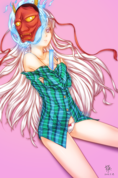 Anime picture 1000x1500 with touhou hata no kokoro qingmingtongzi single long hair tall image looking at viewer blush light erotic purple eyes bare shoulders silver hair bare legs crossed arms between breasts mask on head girl underwear panties ribbon (ribbons)