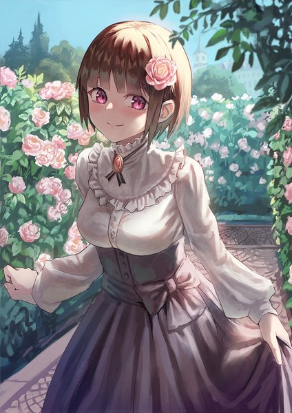 Anime picture 893x1263 with original gomashiwo o single tall image looking at viewer blush fringe short hair smile brown hair standing sky outdoors blunt bangs long sleeves pink eyes hair flower skirt hold girl skirt