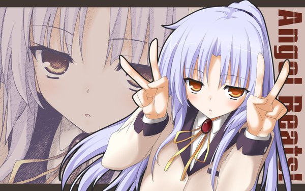 Anime picture 1920x1200 with angel beats! key (studio) tachibana kanade miyane aki (radical dash) single long hair highres red eyes wide image white hair inscription victory zoom layer girl serafuku