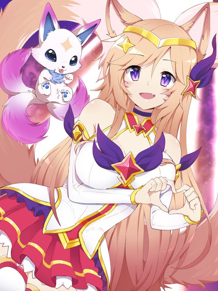 Anime picture 3000x4000 with league of legends ahri (league of legends) star guardian ahri kiko (league of legends) sollyz single long hair tall image looking at viewer blush fringe highres breasts open mouth blonde hair smile hair between eyes standing purple eyes bare shoulders