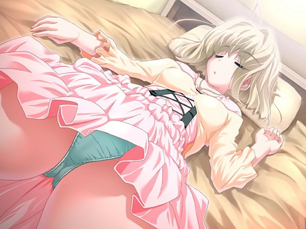 Anime picture 1024x768 with gengetsu no pandora amaizumi uni short hair light erotic blonde hair game cg eyes closed sleeping girl underwear panties bed