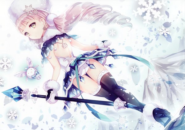 Anime picture 4646x3285 with original mahou shoujo grimoire (artbook) wasabi (sekai) single long hair highres light erotic standing white background twintails holding yellow eyes pink hair absurdres looking back from behind from below back snowing winter
