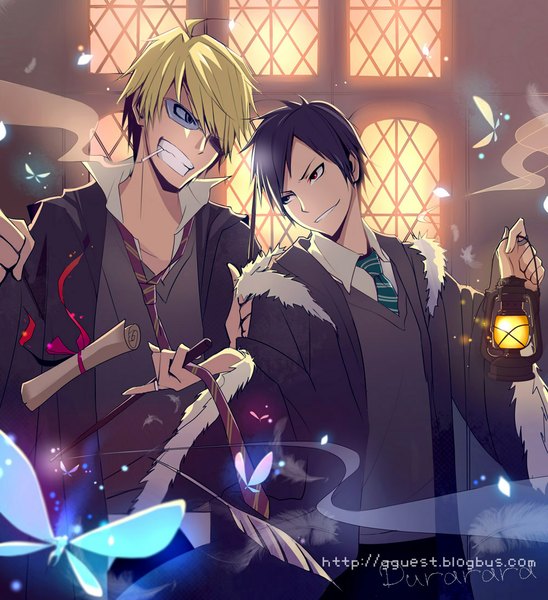 Anime picture 1000x1094 with durarara!! harry potter brains base (studio) orihara izaya heiwajima shizuo bobo (pixiv1356313) tall image short hair blue eyes black hair blonde hair red eyes standing inscription multiple boys couple grin magic smoke striped