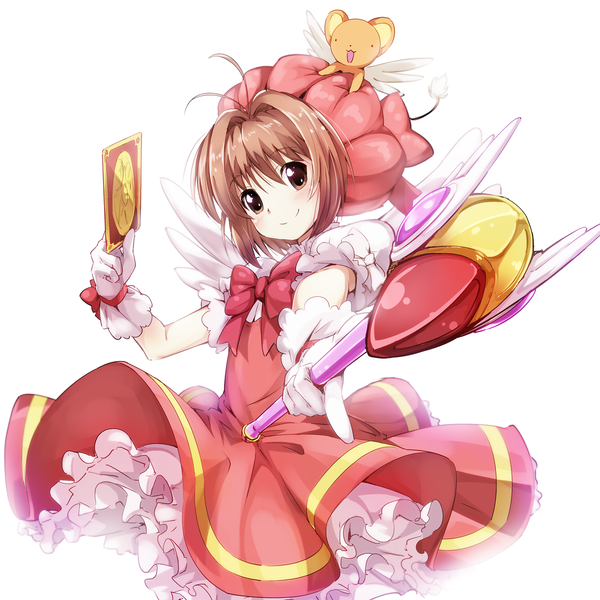 Anime picture 1500x1500 with card captor sakura clamp kinomoto sakura kero (cardcaptor sakura) bun150 looking at viewer short hair simple background smile brown hair white background brown eyes ahoge girl dress gloves hat animal wings staff