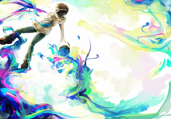 Anime picture 1600x1119 with original antiquewhite single short hair brown hair holding full body weightlessness abstract multicolored boy headphones paint bucket