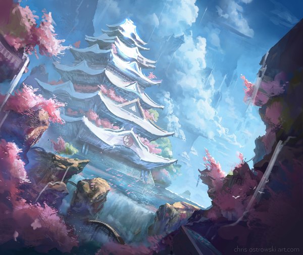 Anime picture 1024x862 with original najtkriss (artist) signed sky cloud (clouds) cherry blossoms flying rock waterfall flower (flowers) plant (plants) animal tree (trees) water bird (birds) building (buildings) stone (stones) castle bridge japanese house