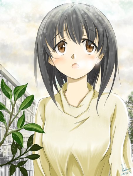 Anime picture 979x1295 with original kem kem single tall image blush short hair open mouth black hair brown eyes signed girl leaf (leaves) sweater