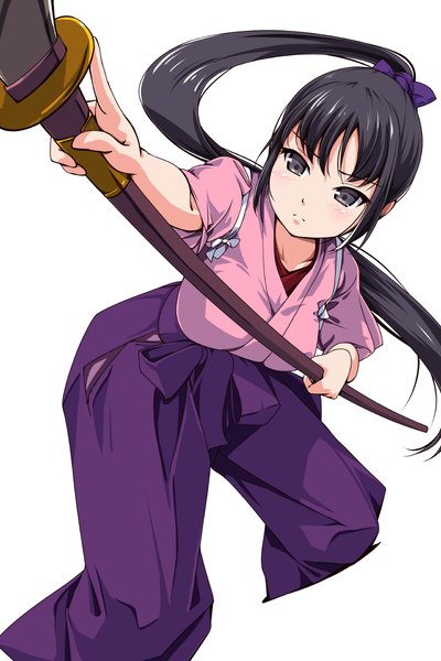 Anime picture 800x1200 with original matsunaga kouyou single long hair tall image looking at viewer blush black hair simple background white background ponytail traditional clothes japanese clothes black eyes girl weapon naginata
