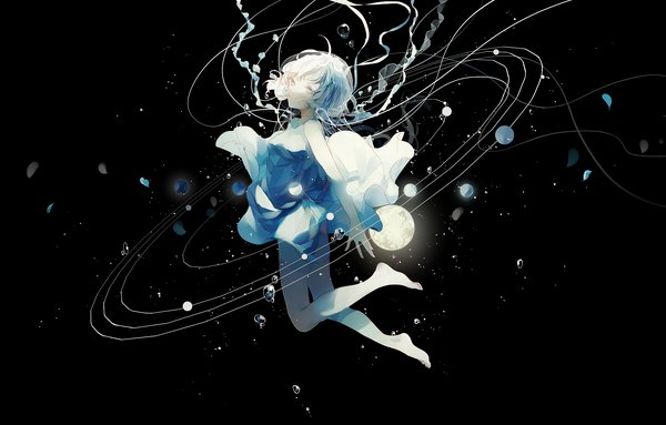 Anime picture 3600x2300 with original cui (jidanhaidaitang) single looking at viewer fringe highres short hair bare shoulders blue hair absurdres silver hair full body ahoge bent knee (knees) multicolored hair barefoot two-tone hair black background underwater silver eyes