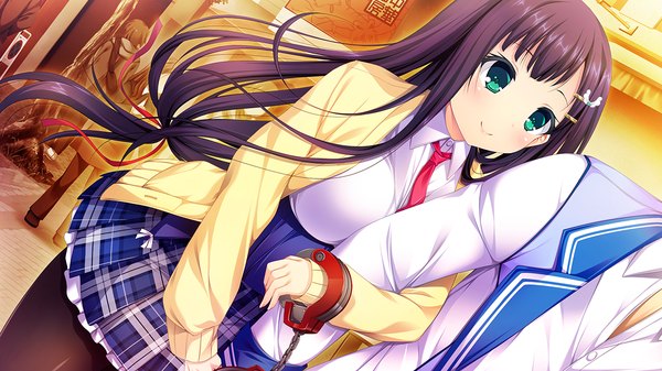 Anime picture 1280x720 with harvest overray giga ouno sumi long hair blush blue eyes black hair smile wide image game cg couple girl boy skirt uniform school uniform handcuffs