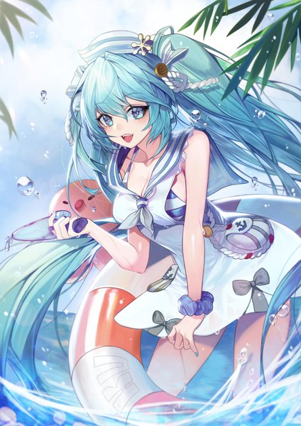 Anime picture 2480x3508 with vocaloid hatsune miku chicken (dalg-idalg) single tall image fringe highres open mouth hair between eyes twintails looking away very long hair nail polish aqua eyes aqua hair partially submerged wrist scrunchie taito four seasons figure (vocaloid) girl hat