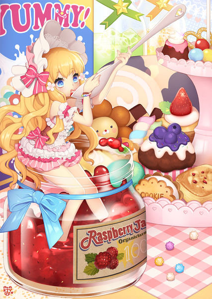 Anime picture 1000x1405 with original byulzzimon long hair tall image blue eyes blonde hair wavy hair eating girl dress bow food sweets bonnet cake cookie (cookies)