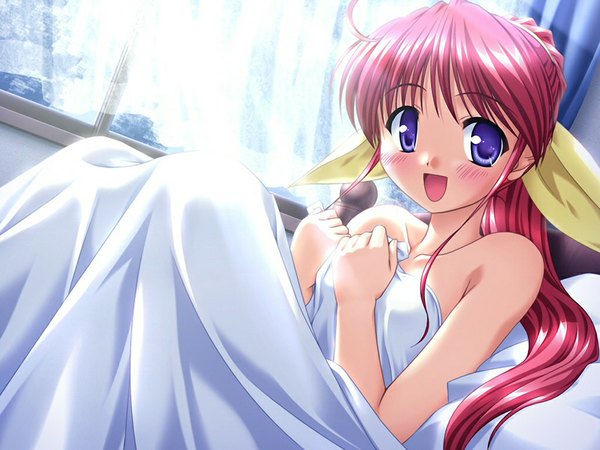 Anime picture 1024x768 with august fun box (game) blush blue eyes pink hair game cg red hair girl