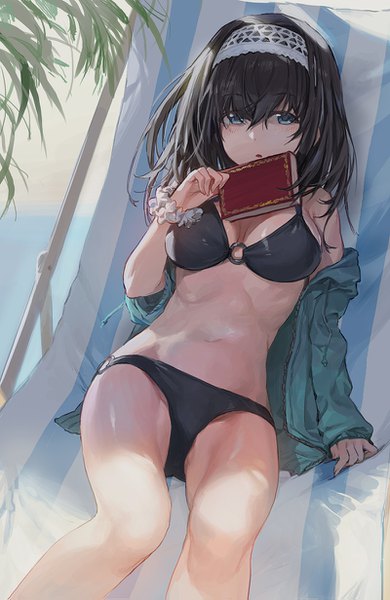 Anime picture 800x1231 with idolmaster idolmaster cinderella girls sagisawa fumika modare single tall image looking at viewer short hair breasts blue eyes light erotic black hair holding bent knee (knees) :o girl navel book (books) cardigan o-ring bikini