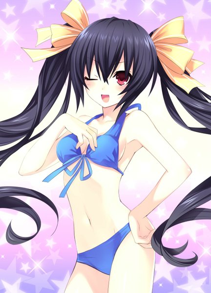 Anime picture 1026x1426 with choujigen game neptune noire single long hair tall image blush open mouth black hair red eyes twintails one eye closed wink girl swimsuit bikini