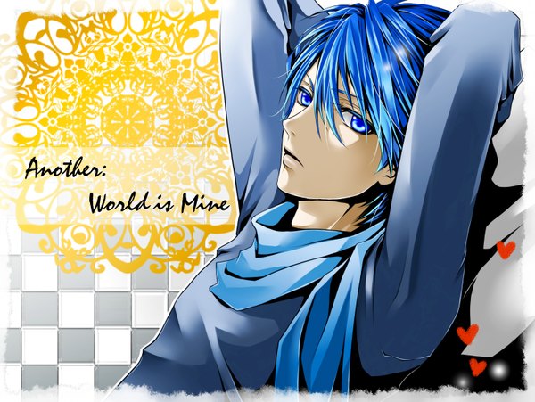 Anime picture 1532x1152 with vocaloid world is mine (vocaloid) kaito (vocaloid) hakuseki single looking at viewer short hair blue eyes blue hair lying inscription arms behind head abstract boy heart scarf