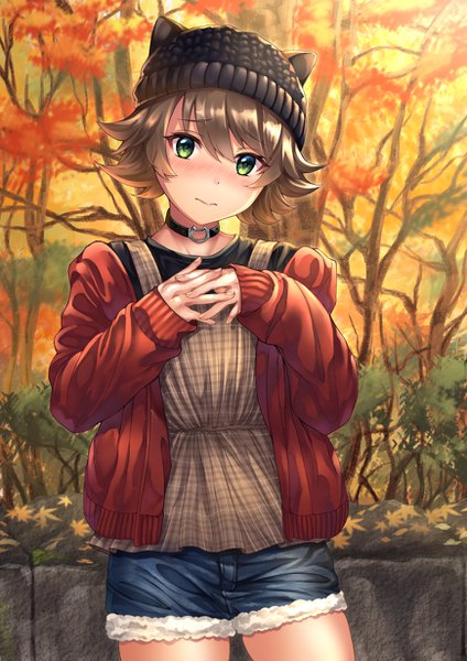 Anime picture 870x1230 with original mashiro monaka single tall image looking at viewer blush fringe short hair hair between eyes brown hair green eyes outdoors long sleeves fur trim hands clasped interlocked fingers autumn girl plant (plants) tree (trees)