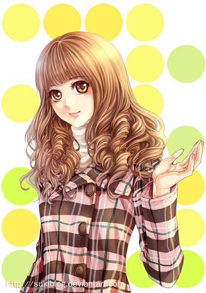 Anime picture 704x1000 with original sukiblog single long hair tall image fringe blonde hair smile yellow eyes blunt bangs lips drill hair polka dot polka dot background girl scarf coat