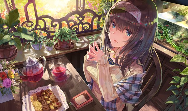 Anime picture 1576x930 with idolmaster idolmaster cinderella girls sagisawa fumika terumii single long hair looking at viewer blush fringe blue eyes smile hair between eyes brown hair wide image sitting from above sunlight fingers together checkerboard cookie girl