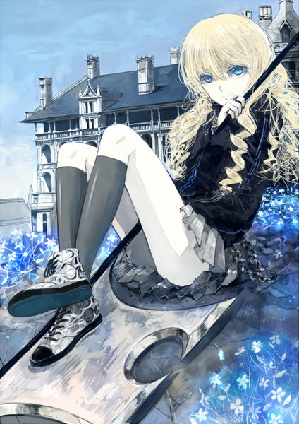 Anime picture 919x1300 with original shrimpman single long hair tall image looking at viewer fringe blonde hair smile sitting holding pleated skirt crossed legs drill hair hand in pocket girl skirt flower (flowers) weapon socks
