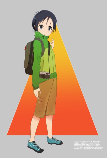 Anime picture 3705x5448 with yama no susume 8bit kurosaki honoka natsuki (mclarenmiz) single tall image highres short hair blue eyes black hair simple background looking away absurdres grey background text girl jacket shorts backpack camera