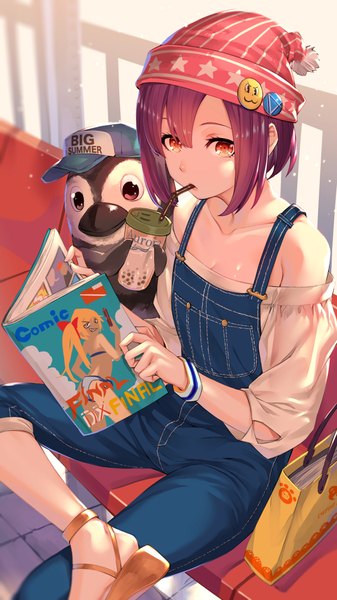 Anime picture 1250x2222 with original akanagi youto single tall image looking at viewer short hair breasts sitting bare shoulders holding payot cleavage purple hair long sleeves off shoulder shadow orange eyes drinking star print girl