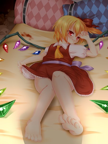 Anime picture 1200x1600 with touhou flandre scarlet oinu single tall image short hair light erotic blonde hair red eyes lying loli girl dress wings