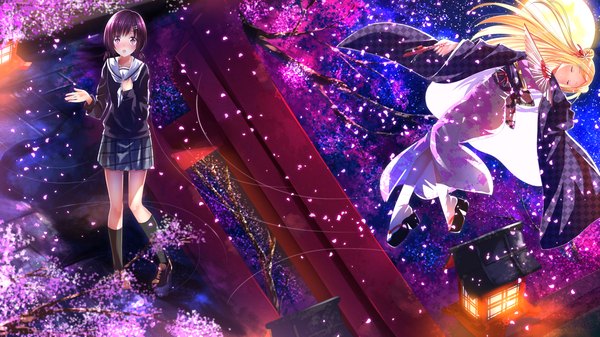 Anime picture 1920x1080 with hanayamata madhouse hana n. fontainestand sekiya naru swordsouls long hair blush highres short hair open mouth blonde hair wide image multiple girls brown eyes purple hair traditional clothes japanese clothes cherry blossoms girl uniform