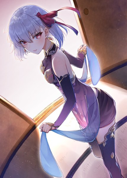 Anime picture 681x953 with fate (series) fate/grand order kama (fate) hakuishi aoi single tall image looking at viewer blush fringe short hair breasts light erotic hair between eyes red eyes standing bare shoulders holding indoors light smile grey hair