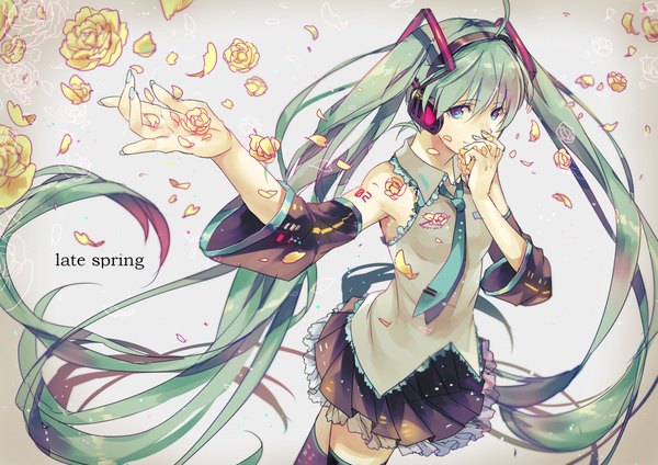 Anime picture 2000x1416 with vocaloid hatsune miku yunomachi single highres twintails bare shoulders very long hair nail polish aqua eyes light smile aqua hair girl thighhighs skirt flower (flowers) detached sleeves petals headphones rose (roses)