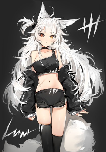 Anime picture 1600x2300 with original silver (chenwen) single long hair tall image looking at viewer blush fringe breasts light erotic simple background red eyes standing bare shoulders animal ears yellow eyes ahoge white hair tail blunt bangs