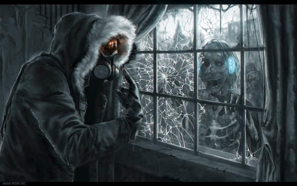 Anime picture 1920x1200 with romantically apocalyptic alexiuss highres open mouth wide image open clothes open jacket bone (bones) zombie boy gloves jacket window fur hood curtains gas mask