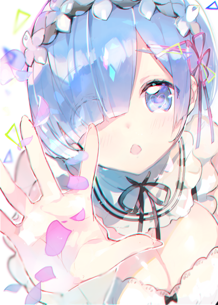 Anime picture 600x840 with re:zero kara hajimeru isekai seikatsu white fox rem (re:zero) atsumi jun single tall image looking at viewer fringe short hair breasts open mouth blue eyes large breasts blue hair cleavage from above hair over one eye symbol-shaped pupils outstretched hand heart-shaped pupils