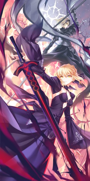 Anime picture 1100x2200 with fate (series) fate/grand order fate/apocrypha artoria pendragon (all) jeanne d'arc (fate) (all) saber alter jeanne d'arc (fate) kousaki rui tall image looking at viewer short hair blonde hair multiple girls yellow eyes payot cleavage arm up from behind wide sleeves outstretched arm