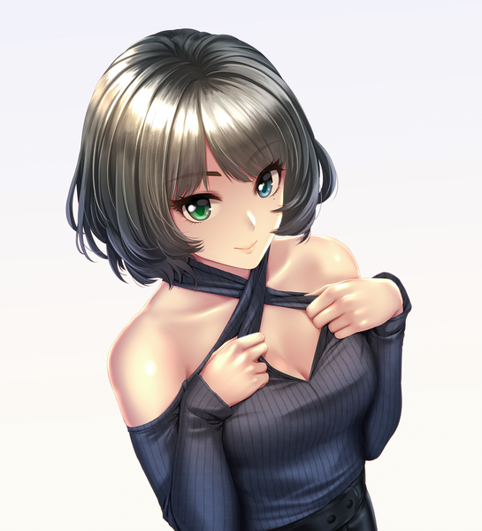 Anime picture 1600x1761 with idolmaster idolmaster cinderella girls takagaki kaede infinote single tall image looking at viewer short hair simple background brown hair bare shoulders light smile heterochromia girl